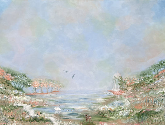 A pond with swan and deer