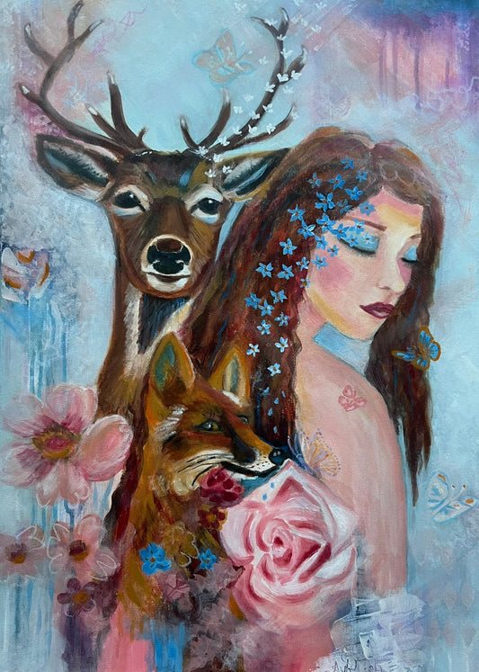 Woman with deer and fox
