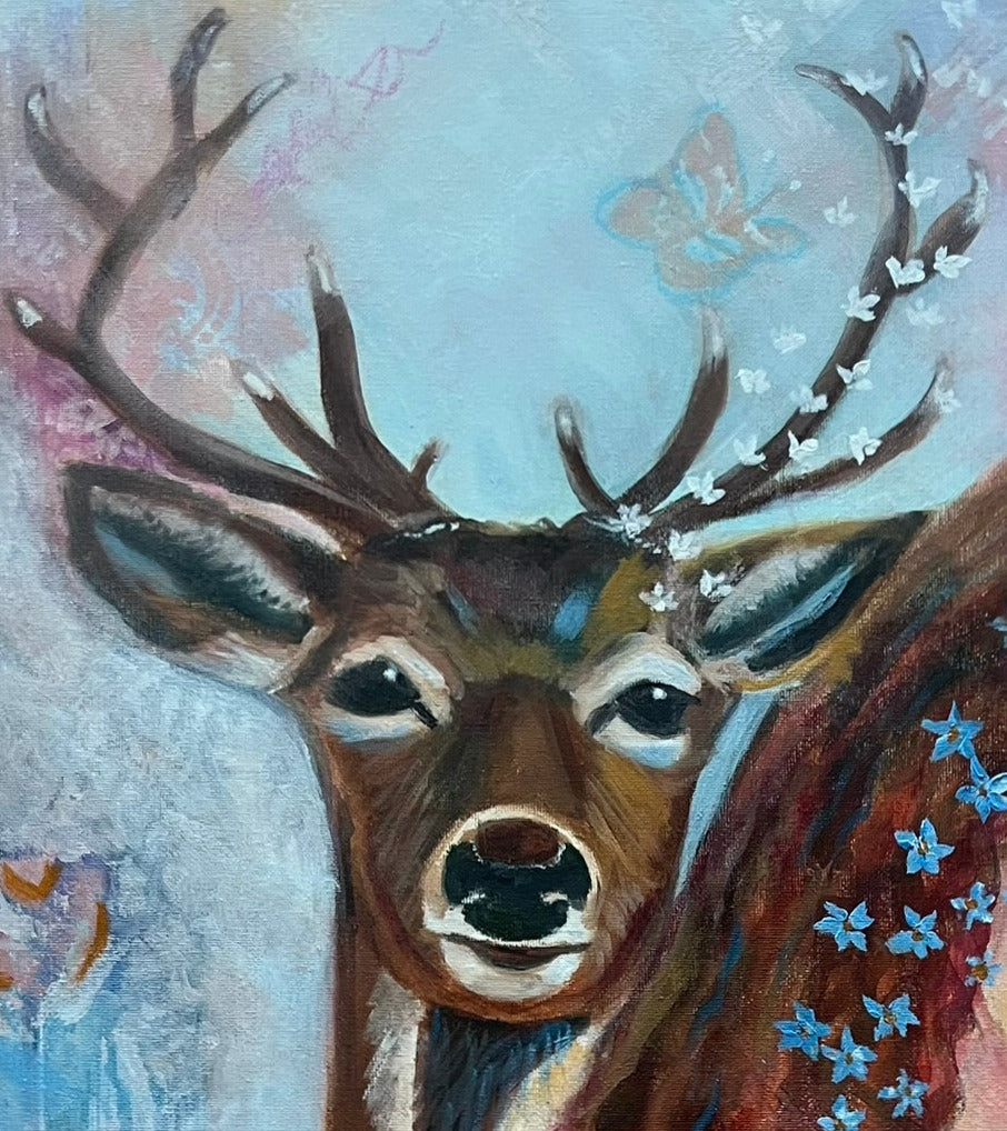 Woman with deer and fox