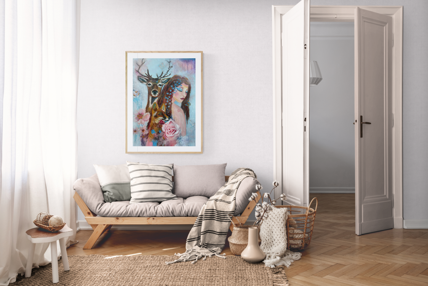 Woman with deer and fox